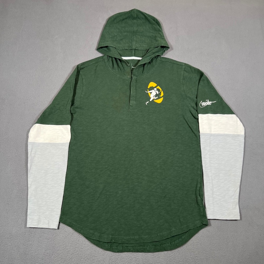 Nike Green Bay Packers Throwback Henley Hoodie Sweatshirt Mens Small‎ Green Gray